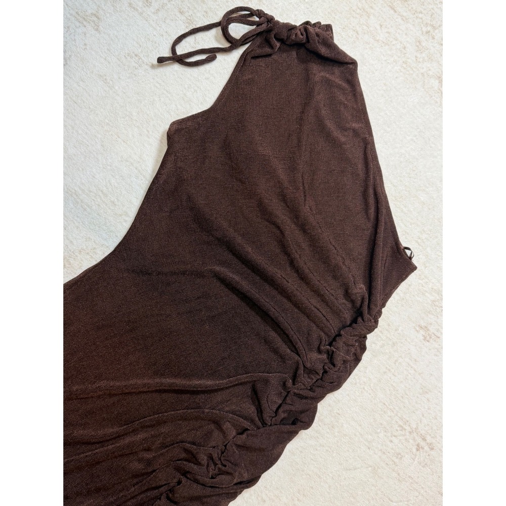 RNWY Brown One Shoulder Ruched Maxi Dress Side Slit Metallic Slinky M US 6 - Picture 3 of 10